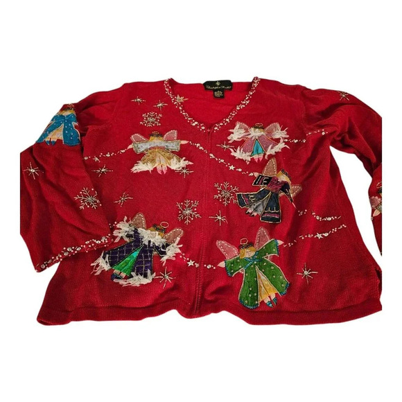 Christopher Radko Christmas Zipper sweater Cardigan sequin Angels Sx L - Picture 5 of 8